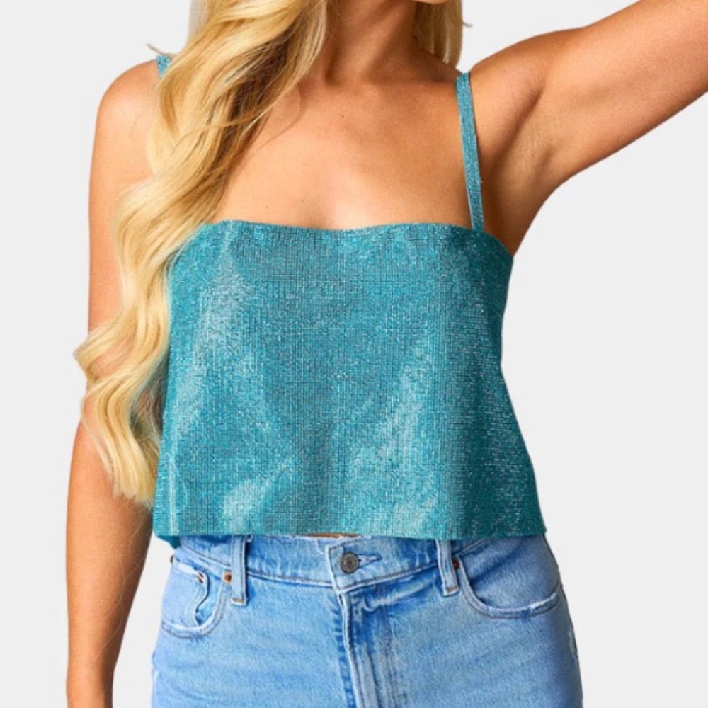 Buddy Love Sparkling Rhinestone Teal Camisole Crop top